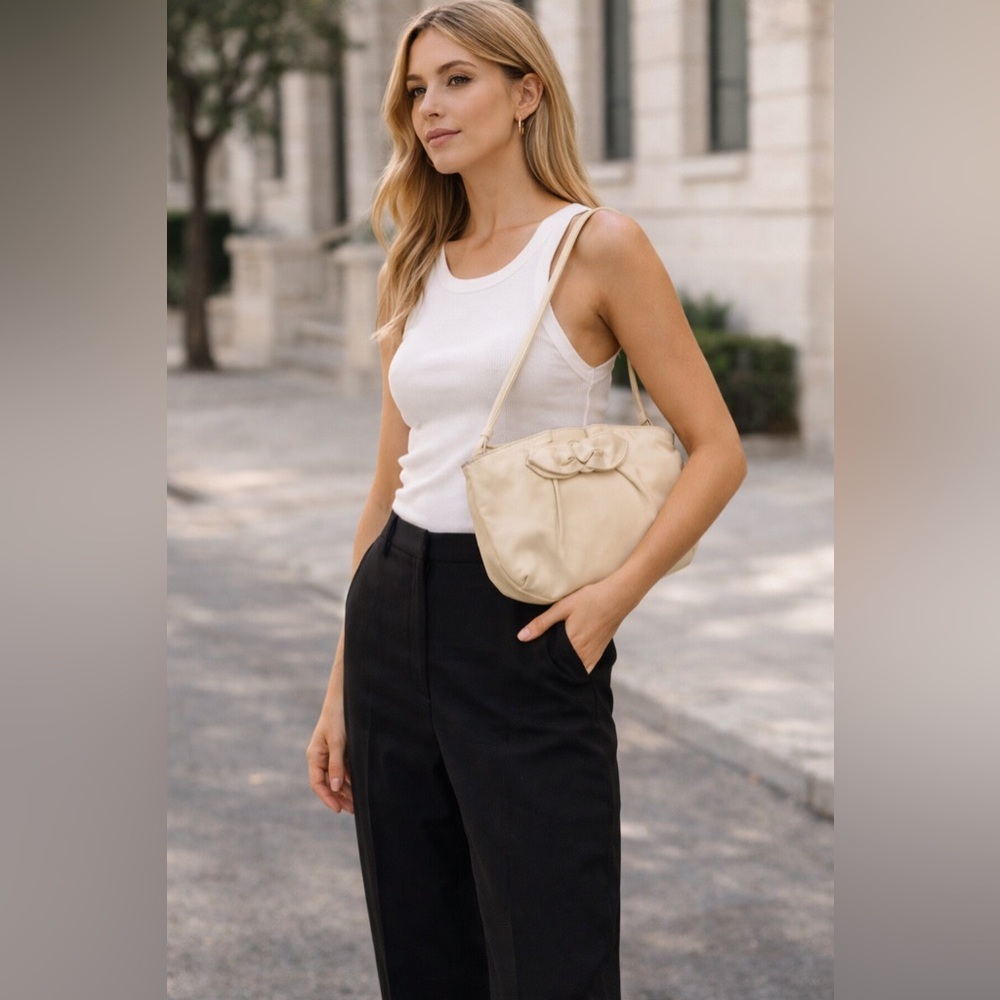 Clemente Cream Leather Bow Shoulder Bag Soft Slouchy Minimalist Purse